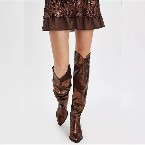 NWB $278 Free People Triple Crown Over-The-Knee Slouch Boots Bronze Metallic 8.5 - Picture 1 of 6